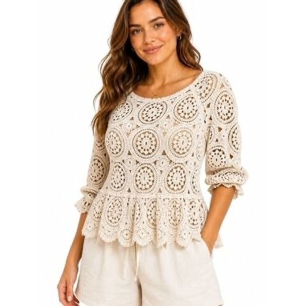 Solitare Crochet Lace Medallion Peplum Top Cream 3/4 Sleeve Ruffle Boho Top Sz L
